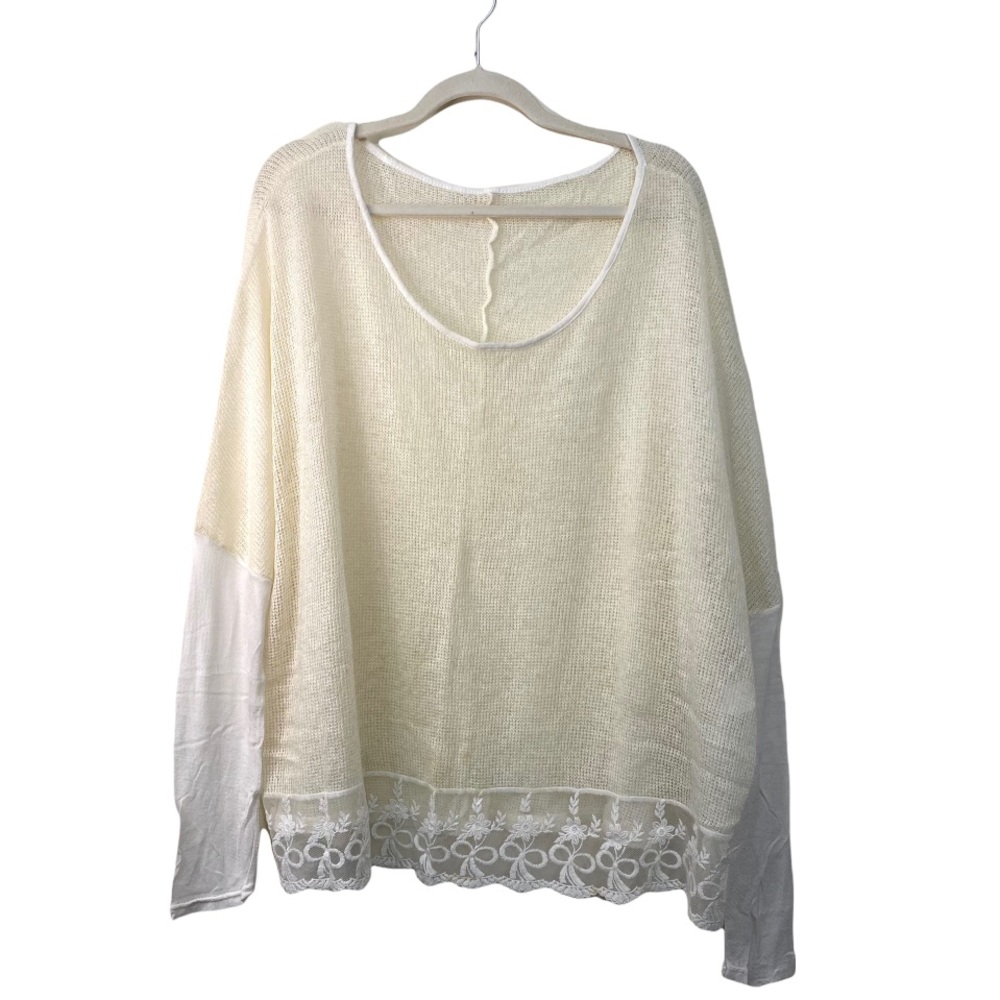 TGM Made In Italy Women's Wool Blend Top Lightweight Lace Trim Scoop Neck Blouse